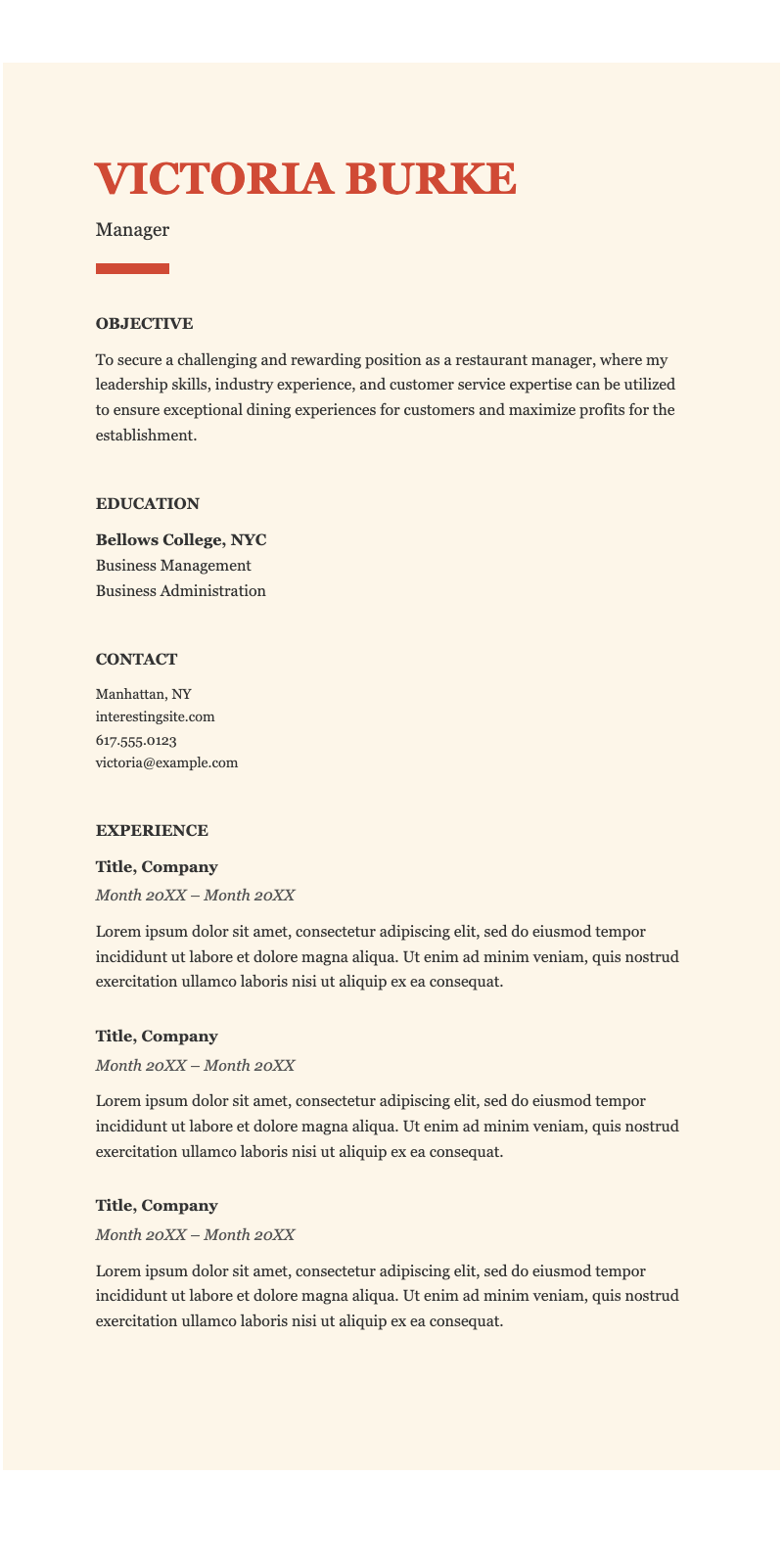 Bold food service resume - A warm-tone, serif resume template perfect for hospitality and restaurant service professionals.